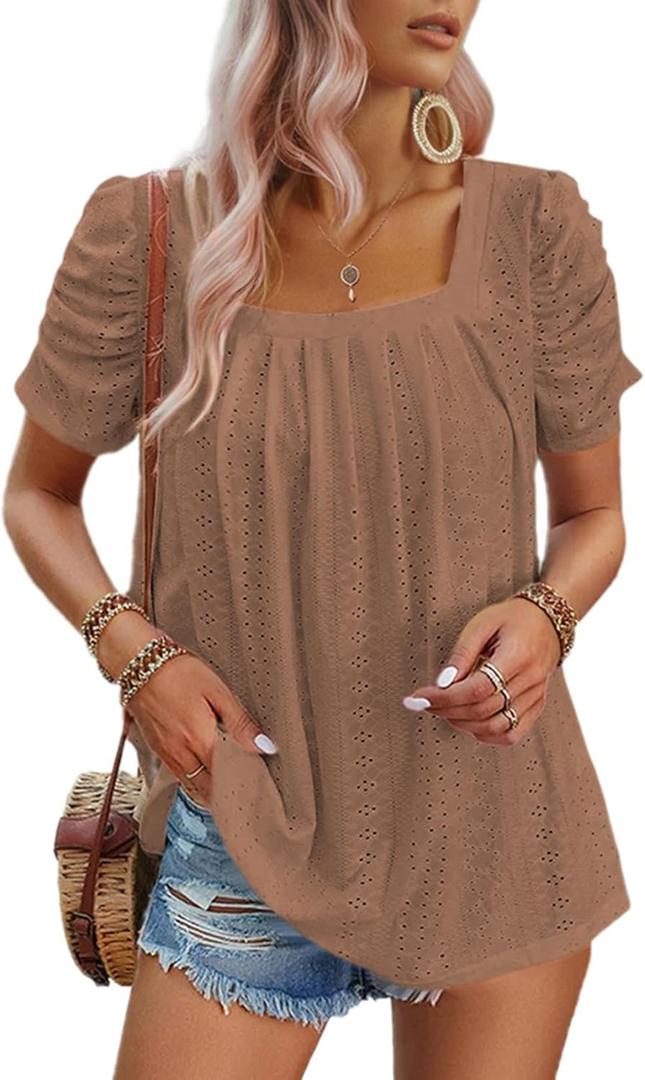 Dokotoo Women's Hollow Pleated Short Sleeves Square Neck Casual Loose Solid Color Knit T Shirts Tops Blouses (Brown, L)