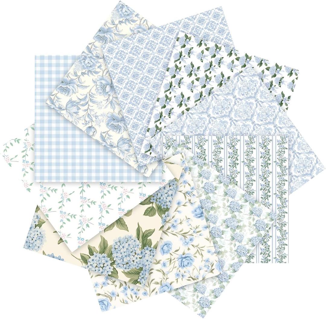Tudomro 10 Pcs Blue Floral Fabric Squares Bundles 20 x 20 Inch Cotton Hydrangea Quilting Fabric Blue Spring Flower Fat Quarters Printed Cloth Quilt Patchwork Material for Sewing DIY Craft Supplie