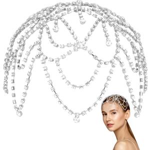 GORGECRAFT 1920s Crystal Cap Headpiece Flower Rhinestone Head Chain Silver Roaring 20s Great Gatsby Hair Accessories Hair Chain Hat for Bridal Cosplay Halloween Art Decor Party (with 2Pcs Hair Clip)