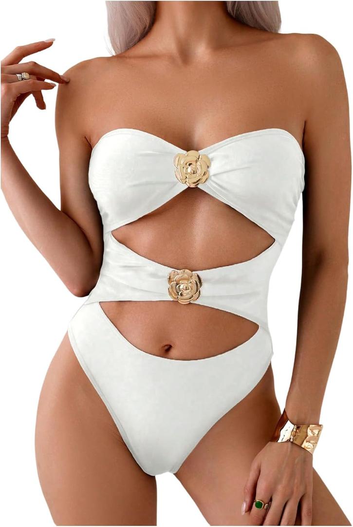 Milumia Women's 3D Floral Cut Out Bandeau Swimwear Sexy Strapless One Piece Swimsuits (White,Small)