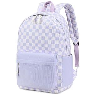 CAMTOP Backpack for Teen Girls Corduroy Bookbags Elementary Middle High School School Bag Lightweight Women Travel Casual Daypacks (Purple White Grid)