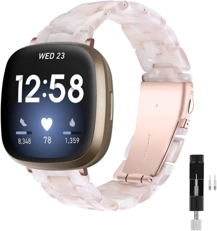 Resin Watch Band Compatible with Fitbit Versa 4/Sense 2/Versa 3/Fitbit Sense, Lightweight Adjustable Fashion Bracelet Wristband Replacement for Women Men with Stainless Metal BucklePink