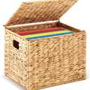 Jingmore 1 Pack Large Decorative File Box Water Hyacinth Letter/Legal Size File Organizer with Lid Collapsible Hand Woven Filing Cabinet for Office/Home Decor (14.37'' X 11.8'' X 11.4'',Light Color)