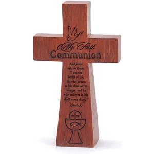 Dicksons My First Communion Woodgrain 5 x 3 Resin Stone Table Top Cross