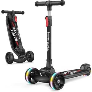 Besrey Kick Scooter for Kids Ages 3-10, 3-Wheel Folding Scooter with Adjustable Height, LED Light Wheels, Extra Wide Deck for Outdoor Activities (Black)