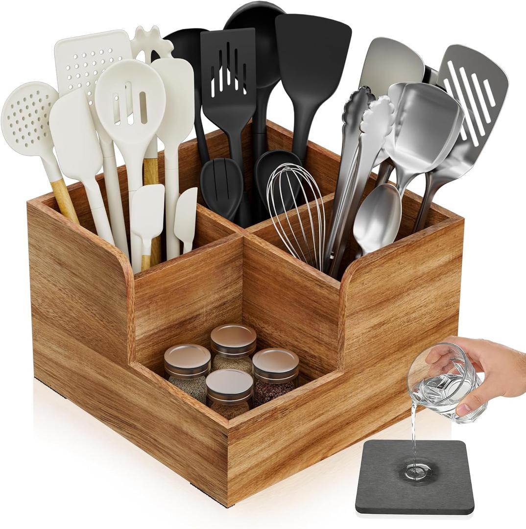 Yofidra Kitchen Utensil Holder with Stone Drying Mats, 4 Compartments Corner Utensil Holder for Kitchen Countertop, Extra Large Silverware Organizer (Wood Color)