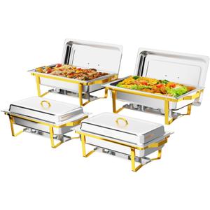 ROVSUN Chafing Dishes for Buffet 4 Pack, 9QT Chafing Dishes [Elegant Gold & Silver] with Rolled-Edge Design, Catering Chafer Warmer Set with Folding Frame for Party Wedding Banquet