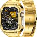 Stainless Steel Watch Band with Case Compatible with Apple Watch Ultra 2 1 band (49mm), Rugged Strap with Metal Protective Bumper Cover for iWatch Bands Men (Gold)