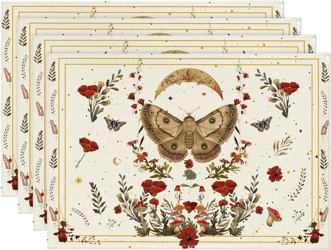 Artoid Mode Beige Poppy Moth Moon Placemats Set of 4, 12x18 Inch Floral Spring Table Mats for Outdoor Home Party Kitchen Dining Decor 