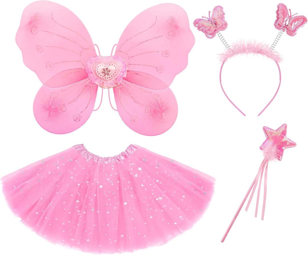VEKDA 4 Pack Fairy Costume for Girls Butterfly Wings Kids Princess Costume Set with Tutu Skirt,Headband,Fairy Wings and Wand