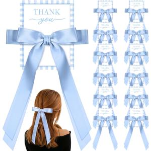 12 Pack Coquette Bow Party Favors with Thank You Card Coquette Party Favors Satin Hair Bows Gift for Bachelorette Wedding Bridal Shower Guests(Blue)