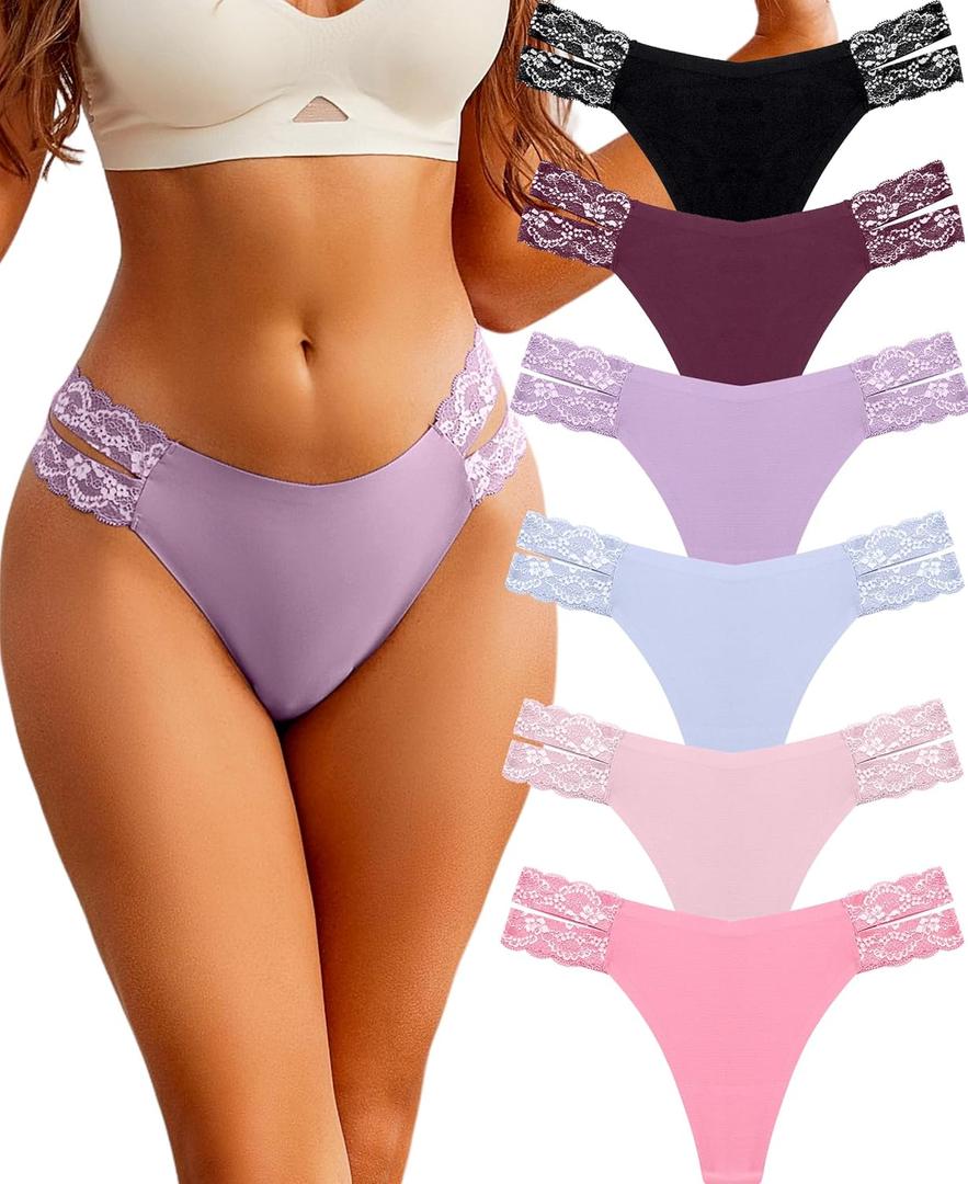 FINETOO Seamless Thongs for Women 6 Pack Sexy V-Wasit Women's Underwear No Show T-back Underwear for Women Panties (Large, A 6 Pack(black*1 Purple*1 Khaki*1 Silver Blue*1 Wine*1 Pink*1 ))