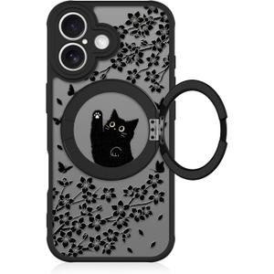 Cute Case for iPhone 17 Case with Stand [ Compatible with MagSafe ] Kawaii Black Cat & Floral & Butterflies Pattern Design 360 Magnetic Ring Kickstand Phone Cover for Women Girls Boys