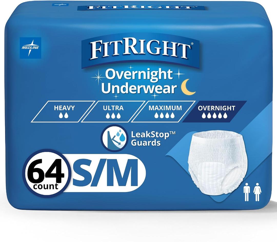 FitRight Overnight Unisex Underwear, Small/Medium (28-40 in Waist), 64 Count (4 Bags of 16), Maximum All Night Disposable Incontinence Protection, Pull-On Absorbent Underwear for Men & Women