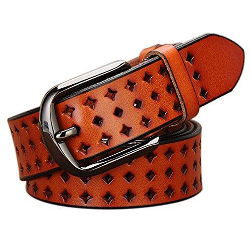 VONSELY Hollow Out Belts for Women, Soft Leather Womens Belts with Pin Buckle, Orange Leather Belt