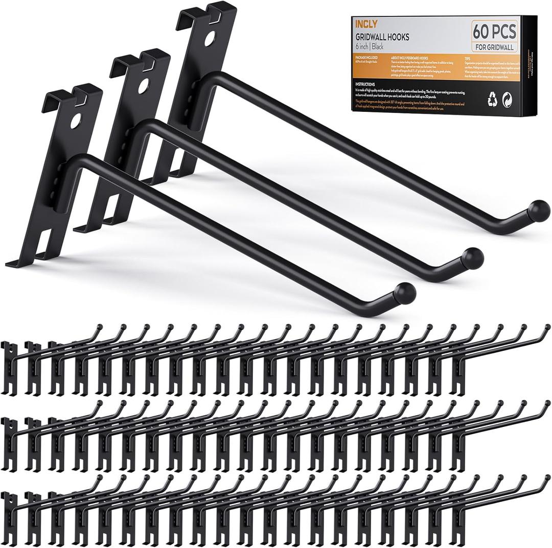 INCLY 6 Inch Gridwall Hooks, 60 Pack Heavy Duty Black Display Hooks for Grid Wall Panels, Gridwall Accessory for Storage Display Clothes in Retail Shop Garage