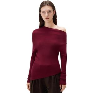 SUUKSESS Women Cashmere Off Shoulder Pullover Sweater Going Out Ribbed Knit Long Sleeve Shirts(Wine Red, L)
