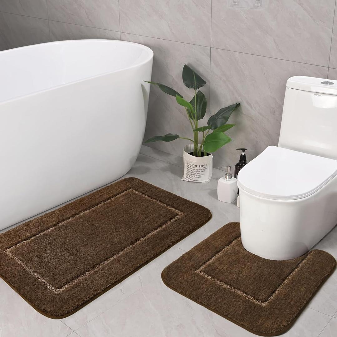 LOCHAS Bathroom Rug Set Light Brown, Soft Bath Rug Set 2 Piece Set, Toilet Mat U-Shaped 20x20 and 34x20 Bath Rugs, Quickly Dry Mats for Bathroom, Tub, Washable, Super Absorbent Floor Mat