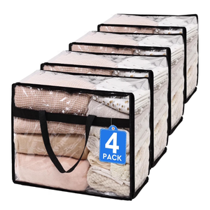 PickyanDco 4 Pack Clear Clothes Storage Bags, Vinyl Blanket Storage Bag with HeavyDuty Zipper, Foldable Moving Bags, Closet Organizers for Bedding, Comforter, Linens, Sweaters, Pillows, Toys (40L)