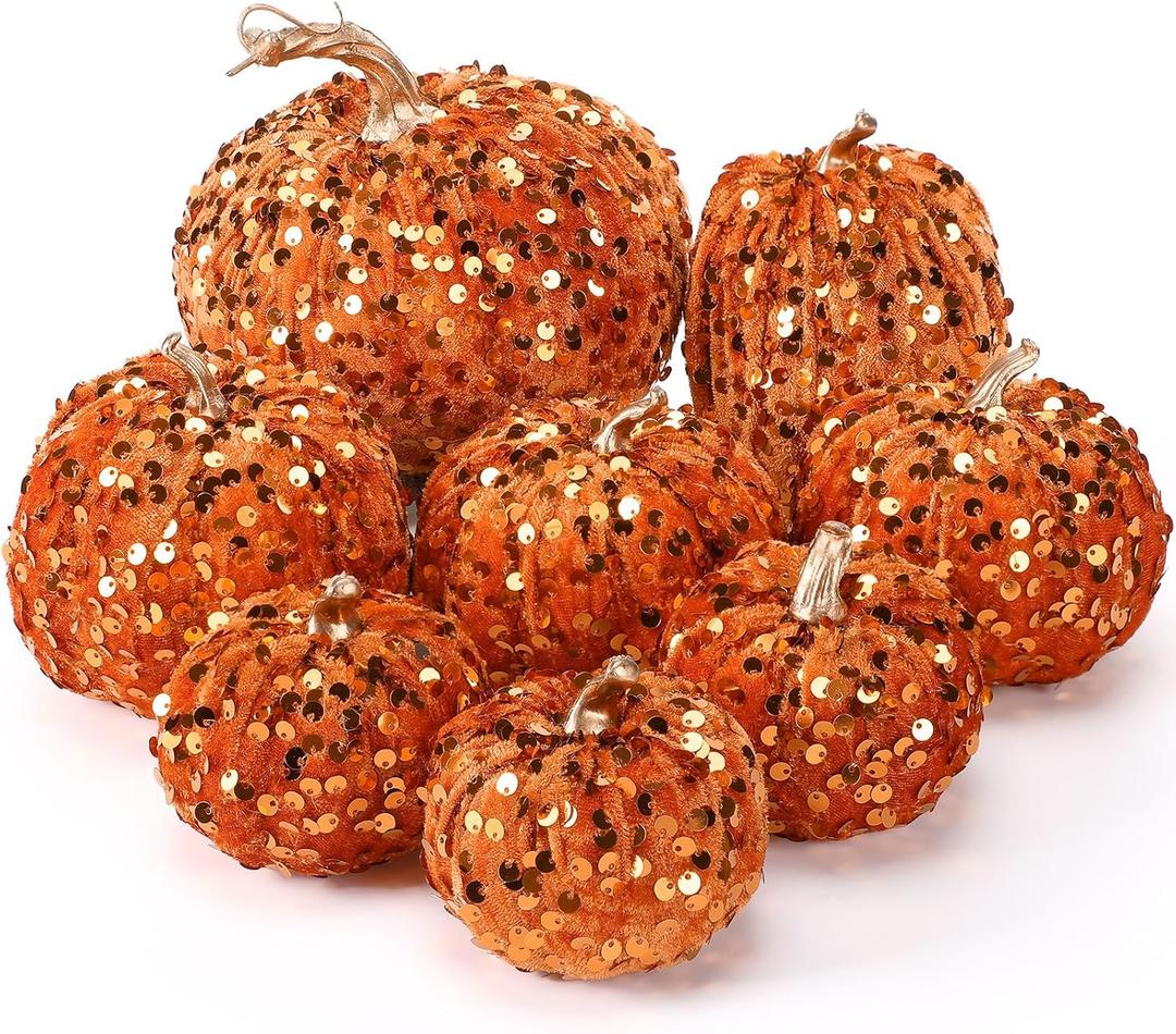 8 Pcs Fall Thanksgiving Pumpkin Decor Glitter Velvet Pumpkin for Home Rustic Farmhouse Artificial Decoration for Autumn Harvest Home Centerpiece Kitchen Thanksgiving Halloween(Orange)