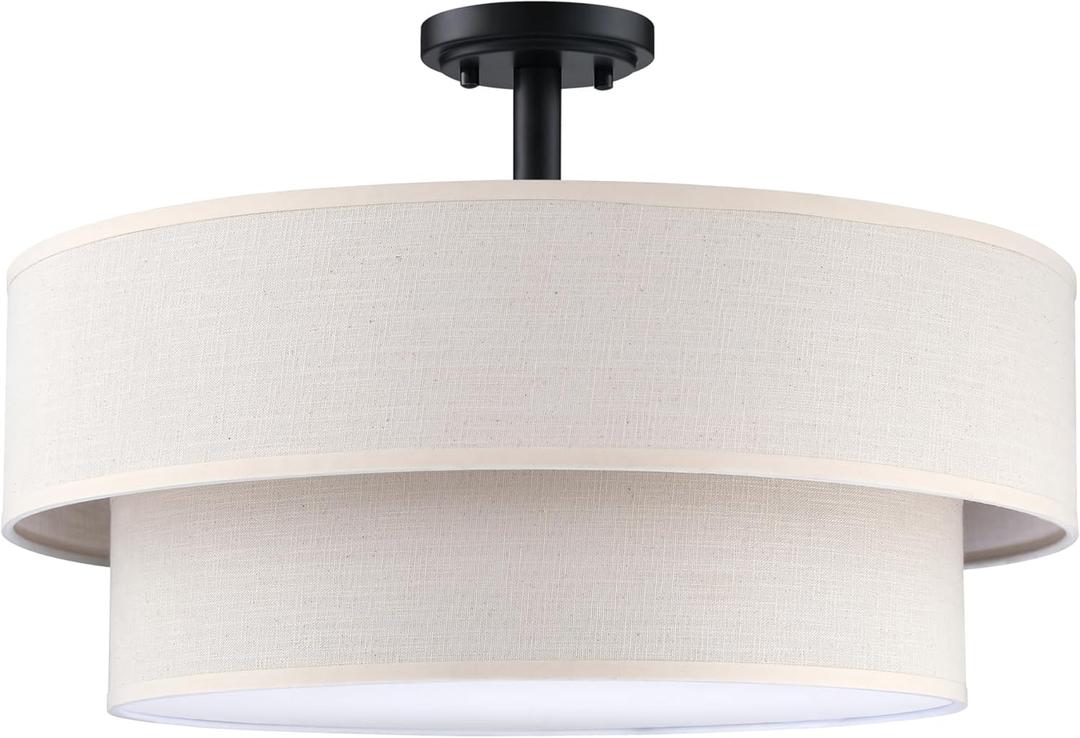 4 Light 18 Inch Semi Flush Mount Close to Ceiling Light Fixture,Cream Linen Fabric Shade Black Finish for Bedroom,Living Room,Dining Room Hallway (Black 2 Tier)