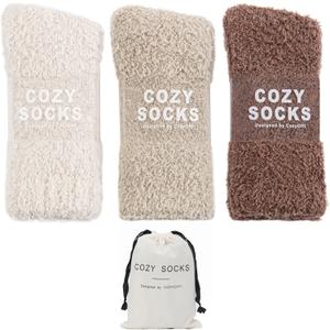 Cozy Socks for Women Gifts: 3 Pairs Luxe Cloud Fuzzy Socks for Home Sleep (Beige/Khaki/Brown(3 Pairs))