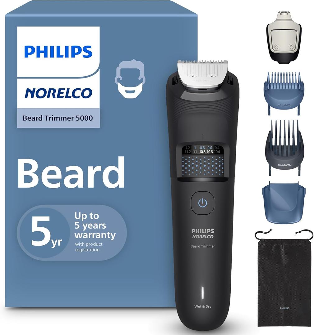 Norelco Philips Beard Trimmer 5000 Series, 100% Waterproof Beard Styler, Precision Dial with 40 Lock-in Trimming Settings, Self-Sharpening Metal Blades & Beard Hair Mess Collector, BT5775/40