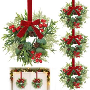 4 Pcs 11" Small Christmas Wreaths for Windows Kitchen Cabinets, Mini Christmas Wreath with Cedar Cypress Eucalyptus Leaf Pinecones Red Berried Bow Christmas Wreaths for Front Door Wall Chairs Stairs