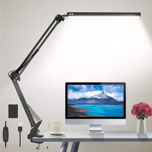 LED Desk Lamp for Home,Office,Reading,Adjustable Eye-Caring Desk Light with Clamp,Swing Arm Lamp Includes 3 Color Modes,10 Brightness Levels Table Lamps with Memory Function (Gray)