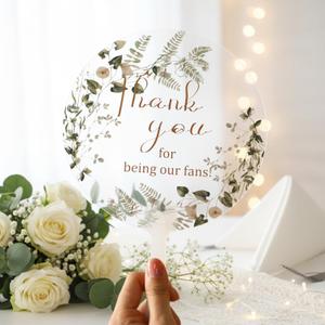 Kathfly 50 Pcs Wedding Fans for Guests Bulk Plastic Clear Round Decorative Fans with Handle Thank You for Being Our Fan Gift for Ceremony Bridal Baby Shower Party Favors Decoration(Green Leaf)