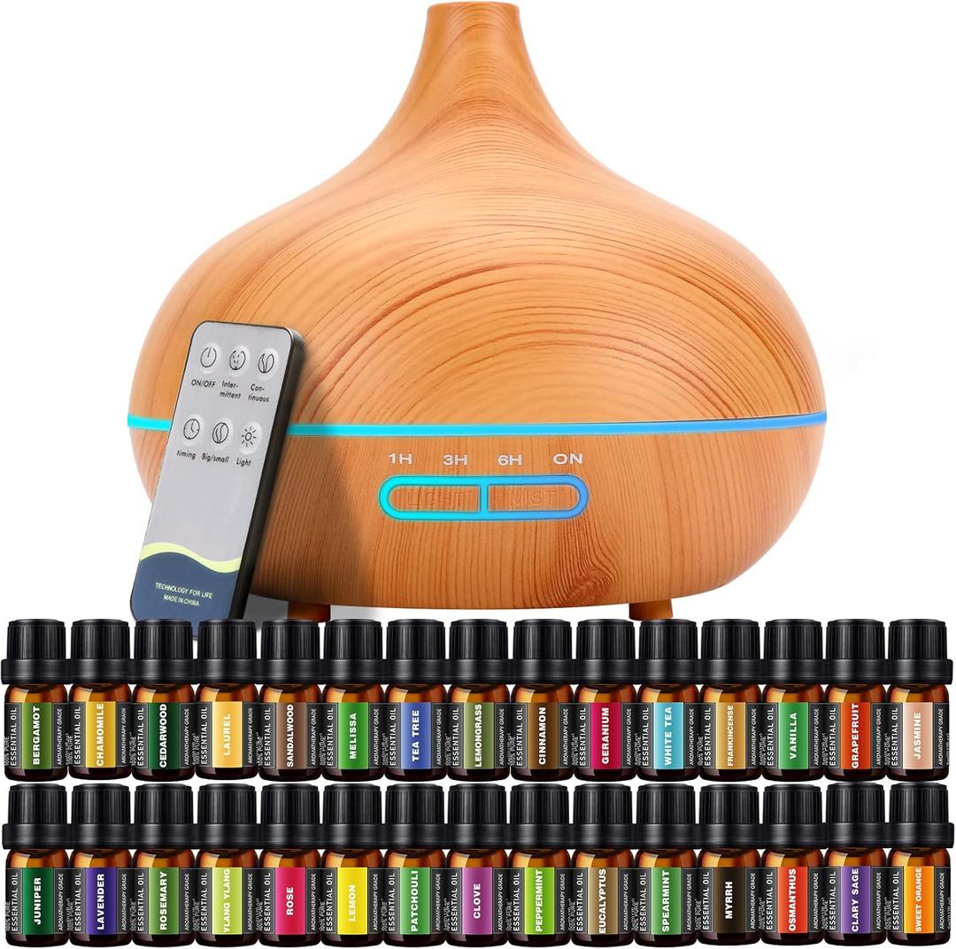 550 ML Aroma Diffiser with Essential Oils Set, Essential Oil Diffuser with Remote, Ultrasonic Technology Aromatherapy Diffusers Auto Shut-Off for Office, Home (Light Colour-30)