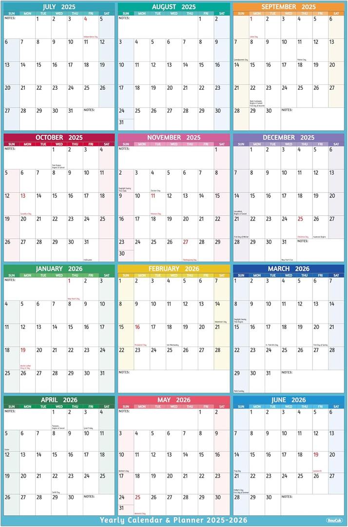 Yearly Wall Calendar 2025-2026 - Large Yearly Calendar Vertical, Jul 2025 - Jun 2026, 25.2" x 38.2" (Open), Calendar 2025-2026, Large Wall Calendar, Full Year Paper Calendar with Notes, Thicker Paper (Multicolored)