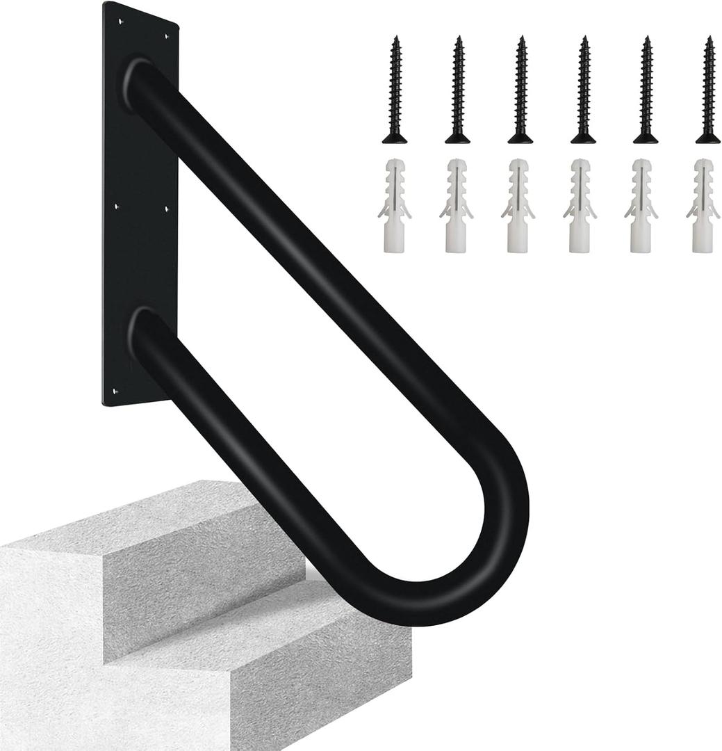 Outdoor Handrail for 1-2 Steps, 12" Length Wall Mount Stair Railing, 500LBS Strong U-Shaped Safety Grab Bar, Matte Black Metal