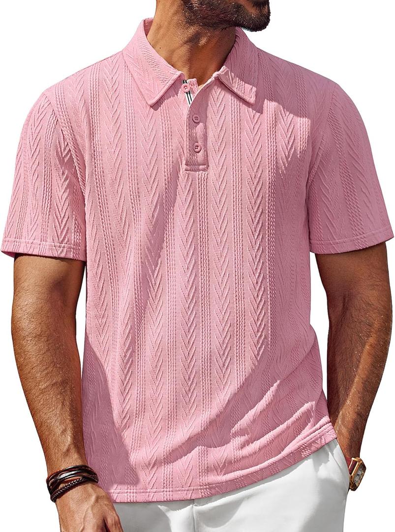 PJ PAUL JONES Mens Polo Shirts Short Sleeve Casual Textured Knit Polo Shirt for Men Golf Collared (Pink, L)