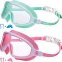 Seago Swim Goggles 2 Pack Anti-Fog Anti-UV Wide View Swimming Goggles for Kids 3-14 (Light Green & Pink)