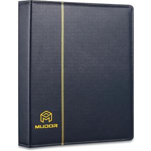 MUDOR Empty Premium PU Classic Binder, 4 Ring Binder Albums Stockbook for Stamps, Documents, Coins, Bank Notes(Blue)