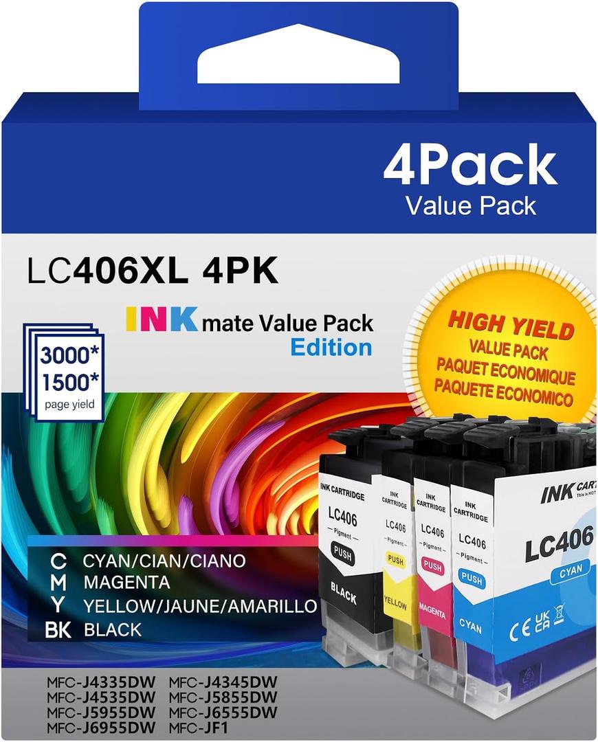 LC406 Ink Cartridges Replacement for Brother LC406 XL LC406BK Cartridge Printer Ink Work for Brother MFC-J4335DW, MFC-J6555DW, MFC-J4345DW, MFC-J5855DW, MFC-J4535DW Printers(BK/C/M/Y, 4Pack)