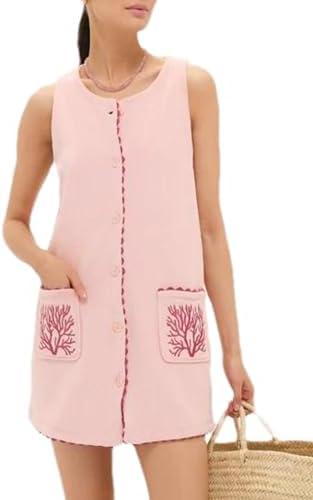 TBETNE Sleeveless Mini Dress for Women Faux Suede Soft Cover Up with Button Front Summer Casual Embroidered Shift Dress,S