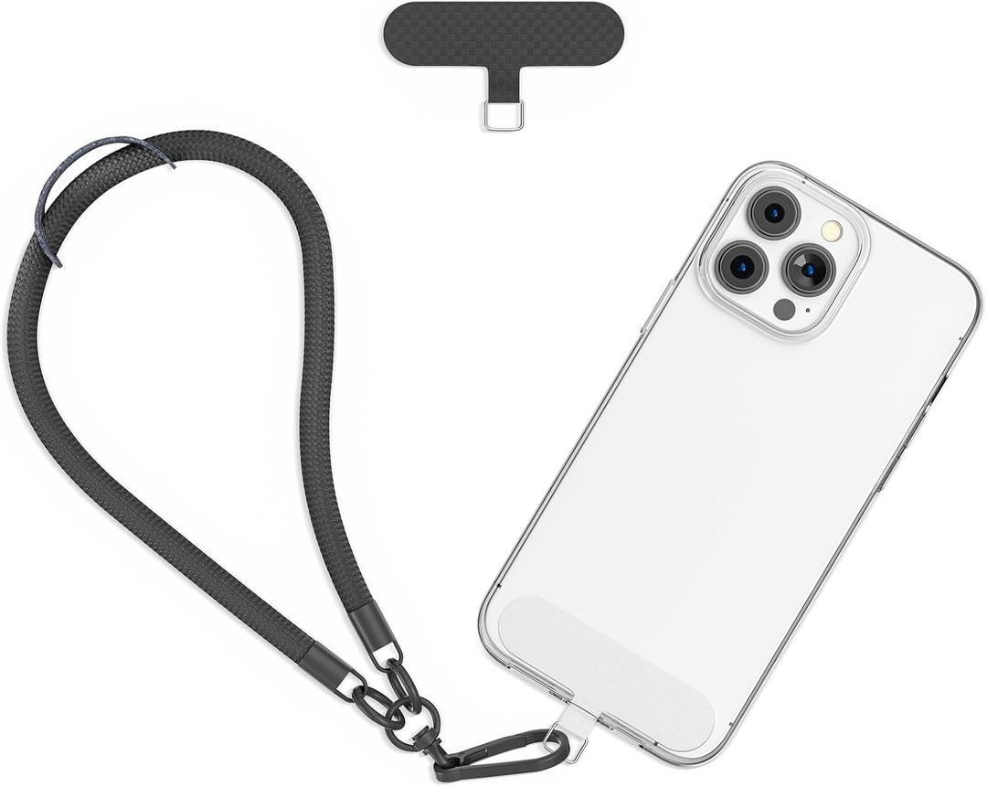 Phone Wrist Strap - Universal Multi-functional Polyester Woven Wristband For Mobile Phones, with Two Tether Tabs and One Leather Buckles (Black)