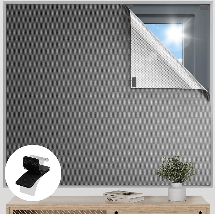 Blackout Curtains for Bedroom, 85" x 57" Temporary Blackout Shades for Windows, Portable Black Out Blinds Screen with 20 Loop & Hook, 100% Black Out Window Cover Film for Baby Nursery Travel RV - Grey