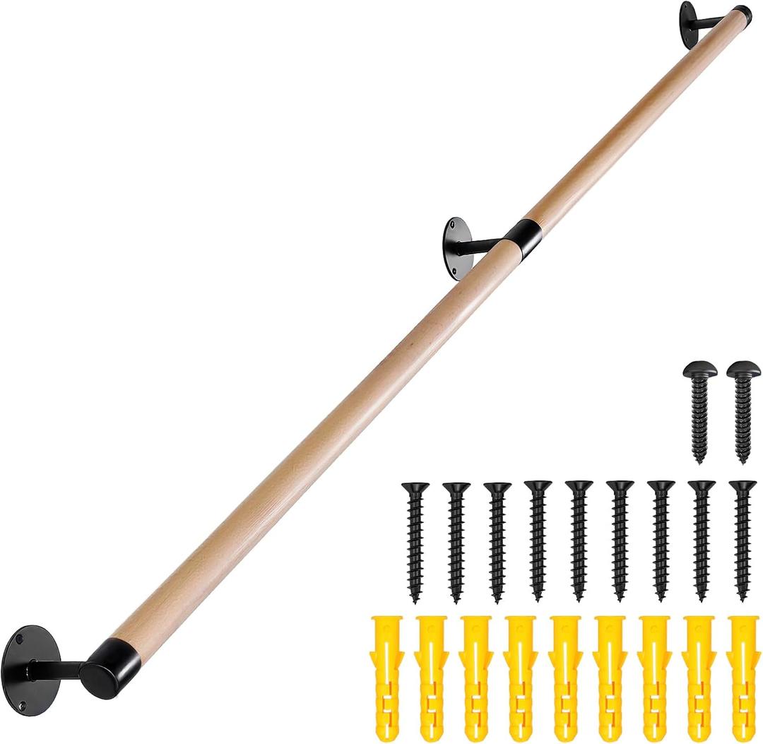 6 FT Wooden Stairs Handrails Wall Mount- Metal Support Wood Staircase Handrails, Interior Stair Railings, Banister Hand Railing, Outdoor Grab Bars Safety Handle for Elderly or Handicap