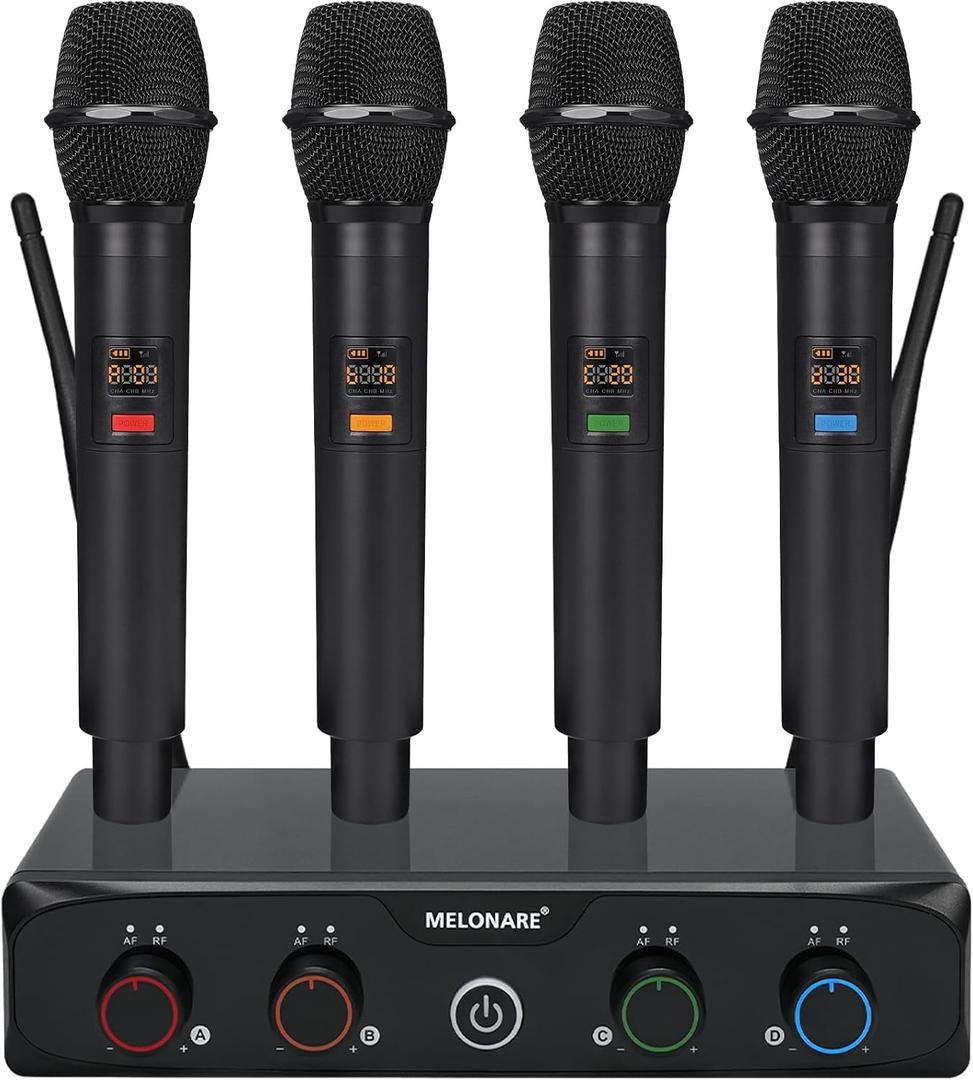 MELONARE 4-Channel Wireless Microphone System, UHF Compact Cordless Mic Set w/ 4x10 Frequencies, 200ft Range, Dynamic Handheld Microphone for Singing, Karaoke, Church, DJ, Wedding (MWM-41-4H)