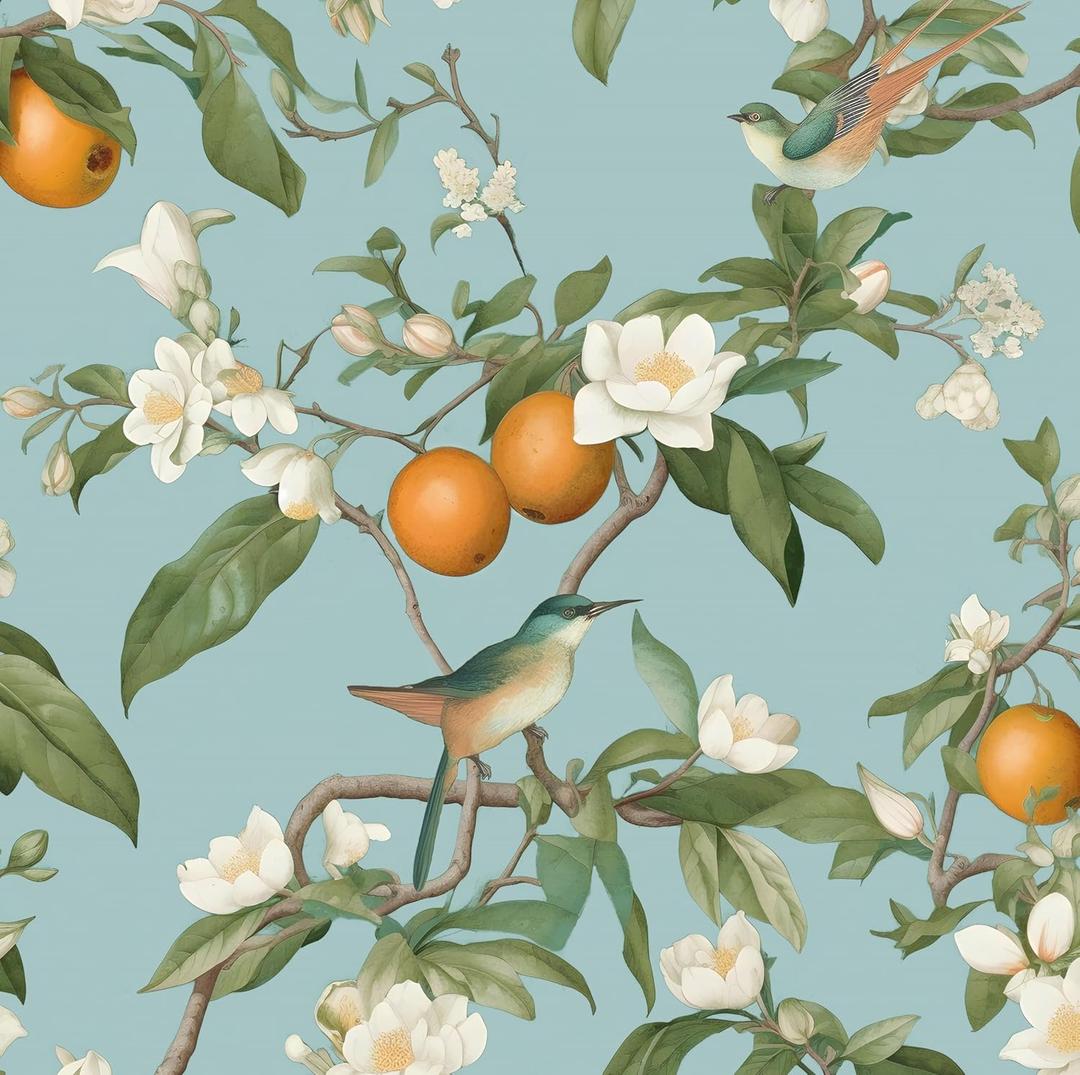 Laatse Blue Floral Wallpaper Peel and Stick, Vintage Bird Leaf Fruit Contact Paper, Self Adhesive Removable Retro Wall Mural Wall Paper for Room Walls Shelves Cabinet Table Decor 17.5" x 118"