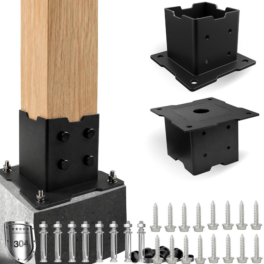 4x4 Post Base for Concrete, 2 Pack, 304 Stainless Steel | Inner 3.6"x3.6", Heavy-Duty Concrete Post Anchor with Drainage Hole for Pergola Gazebo Fence Deck, Thick Steel Bracket, Black