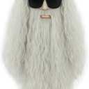VGbeaty Mens Long Curly Gray Wig and Beard Halloween Cosplay Costume Anime Wig