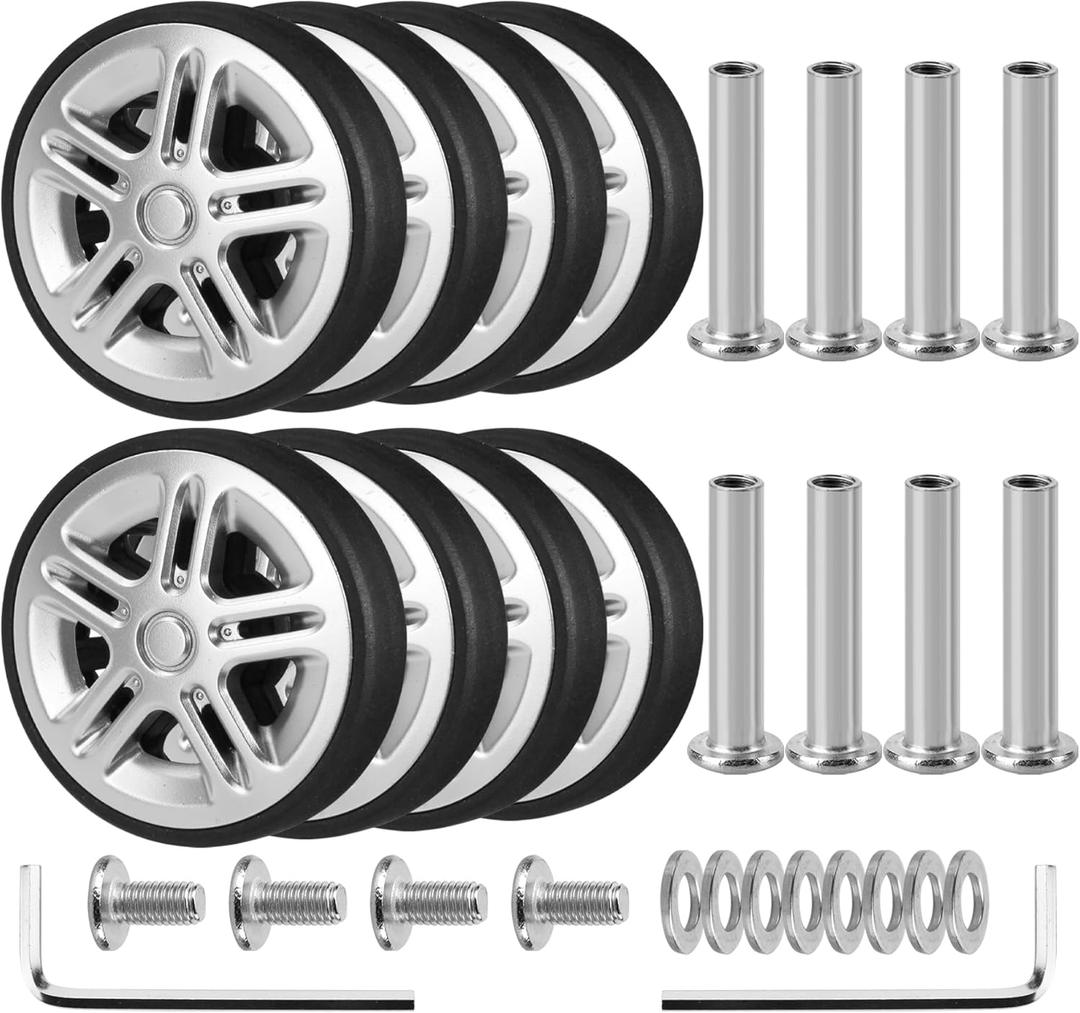 Luggage Wheels Replacement OD 50mm, 8 Pcs Suitcase Replacement Double-Row Wheels, Wear Resistant Rubber Repair Swivel Casters for Travel, Silver