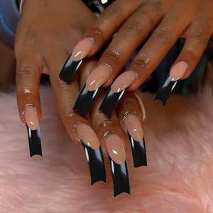 Curved Press on Nails Long Fake Nails Black French Tip False Nails Curved Nail Tips Full Cover Glossy Glue on Nails Long Unique Designs Stick on Nails for Women Girls 20Pcs