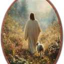 Jinhaichen Vintage Jesus and Lamb Oval Wall Art Framed, Christ Christian Religious Oval Wall Decor, Spiritual Faith Gift Hanging Canvas Prints for Bedroom Living Room Decoration, 8.6x11.4 Inch