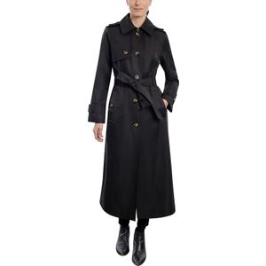 London Fog Women's Single Breasted Long Trench Coat with Epaulettes and Belt, Black, Large
