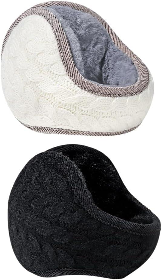 WRITWAA 2pcs Ear Muffs: Winter Earmuffs Unisex Warm Knit Furry Ear Warmers Foldable Covers For Women Men Cold Weather Outdoor Activities, Black and Grey